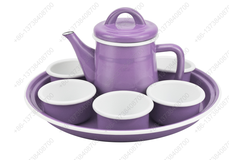 28.5cm Deep Enamel Round Tray Plate+0.6L Enamel Teapot+6pcs Enamel Bowl