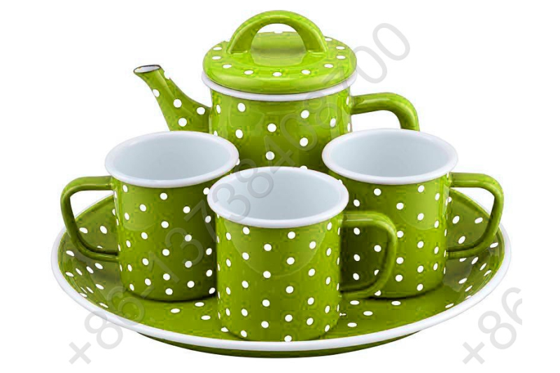 27cm Deep Enamel Round Tray Plate+0.6L Enamel Teapot+3pcs Enamel Mug