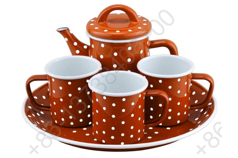 27cm Deep Enamel Round Tray Plate+0.6L Enamel Teapot+3pcs Enamel Mug