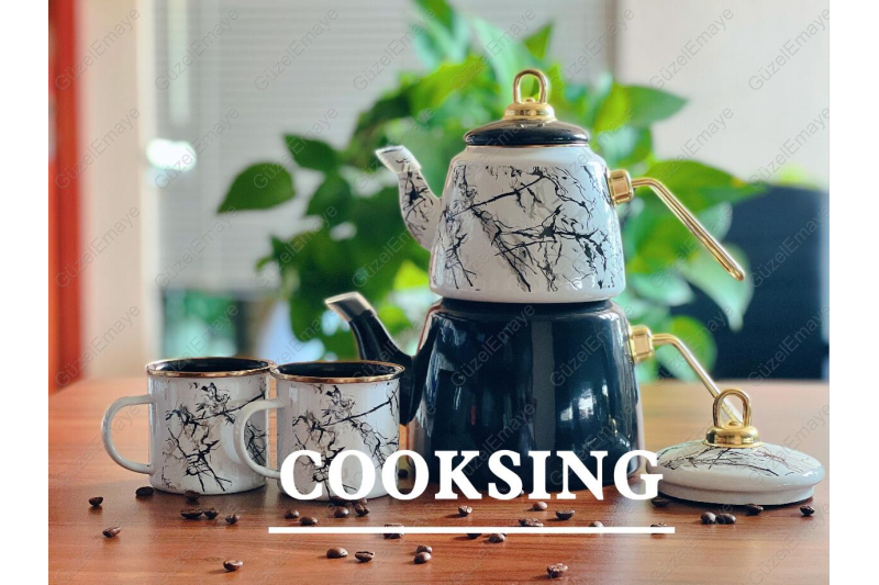 4 Pcs 1.0L/2.0L Enamel Teapot Kettle Set & 2 Pcs 7 cm Enamel Mugs