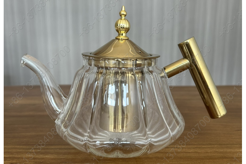 0.8L/1.0L Luxury High Quality Pyrex Tea Pot Gold Stainless Steel Handle Heat Resistant Pyrex Glass Teapot