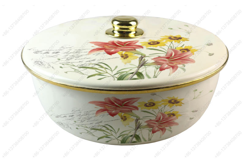 26CM/29CM/32CM Luxury High Quality Enamel Bowl Enamel Pot With Decals Enamel Cover And Golden Knob & Rim