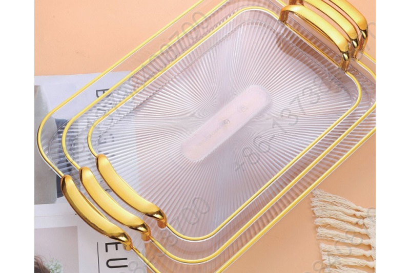 3 Pcs Set Luxury Fruit Tray Tea Tray Plastic Transparent Golden/Silver Edge Storage Plate Multifunctional Household Tray