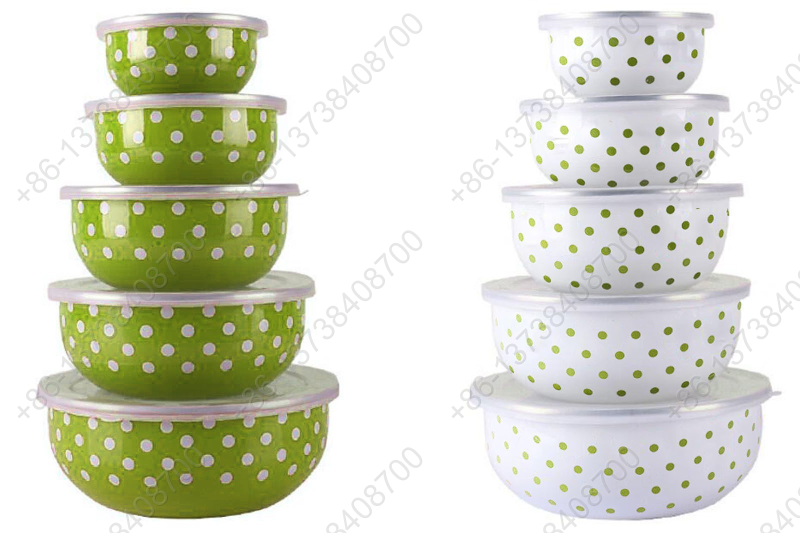 10/12/14/16/18CM Enamel Round Shape Storage Bowl Enamel Food Container Box With Plastic Cover And Dot Decals