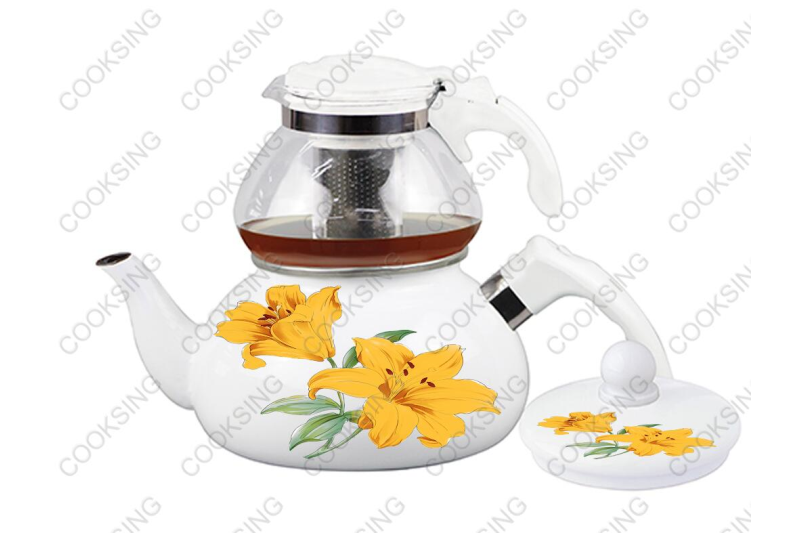 BK-507WGD 0.75L Glass Teapot+2.3L Enamel Kettle With Bakelite Handle And Decals Flower