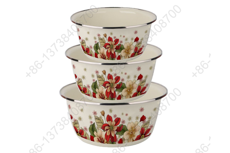 24/28/32CM 3 Pcs Enamel Pot Bowl Basin Enamel Carbon Steel Basin Bowl Pot Home Kitchen Durable Washing Basin