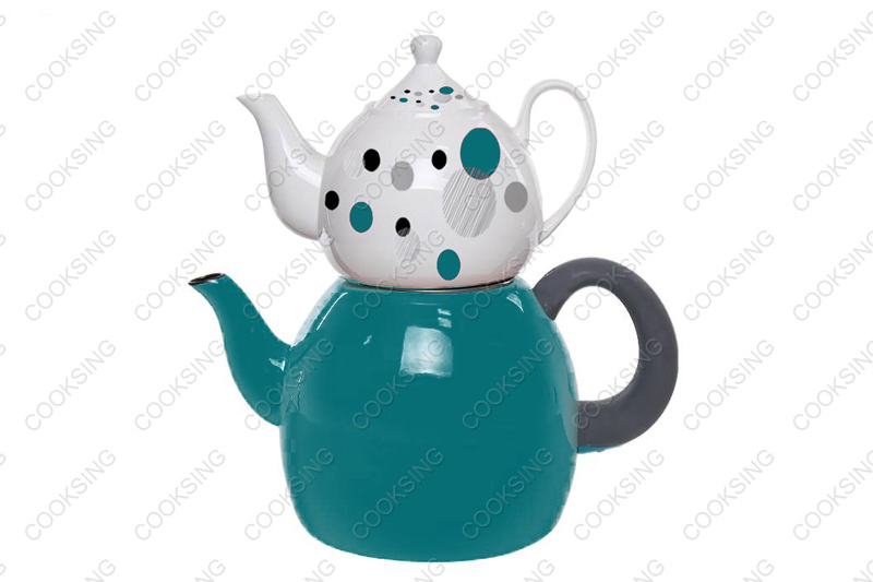 BK-3207DE 1.0L Porcelain Teapot With Decals Flower+3.2L Colorful Enamel Kettle With Black Bakelite Handles