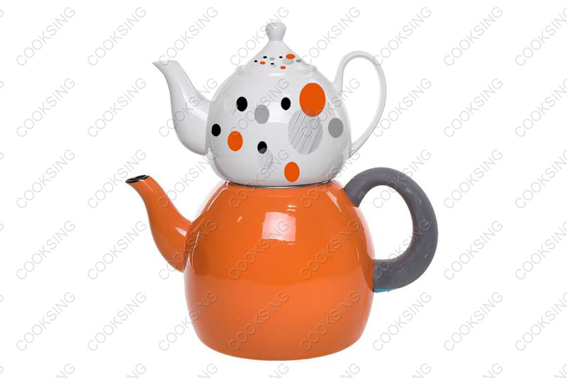 BK-3207DE 1.0L Porcelain Teapot With Decals Flower+3.2L Colorful Enamel Kettle With Black Bakelite Handles