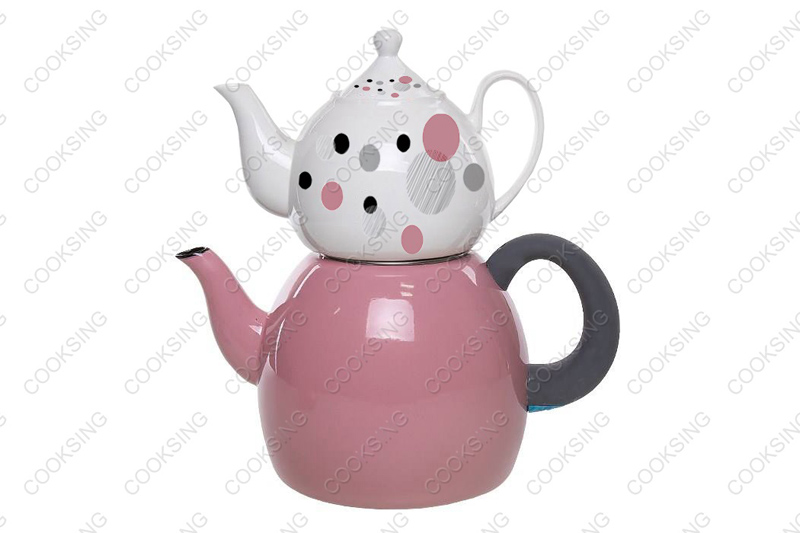 BK-3207DE 1.0L Porcelain Teapot With Decals Flower+3.2L Colorful Enamel Kettle With Black Bakelite Handles