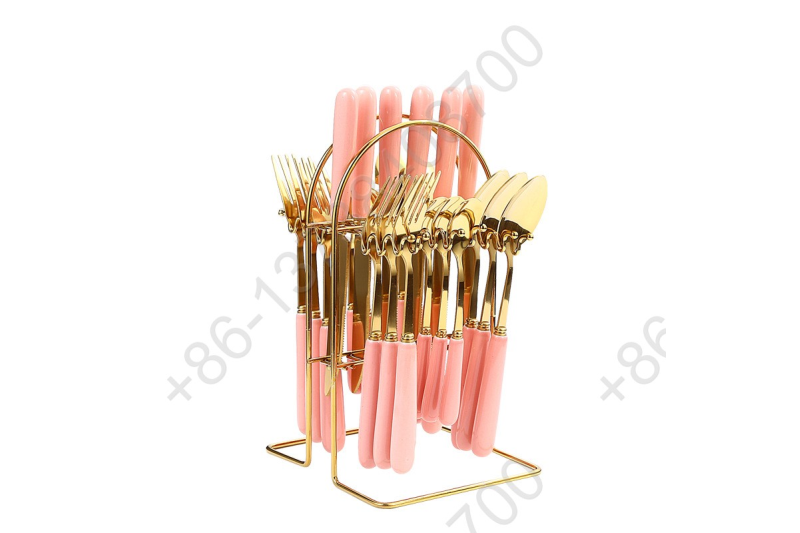 25 Pcs Gold Plated Hang Flatware Set Stainless Steel Knife Fork Spoon Cutlery Set With Color Ceramic Handle