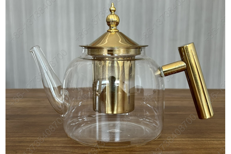 0.8L/1.0L Luxury High Quality Pyrex Tea Pot Gold Stainless Steel Handle Heat Resistant Pyrex Glass Teapot