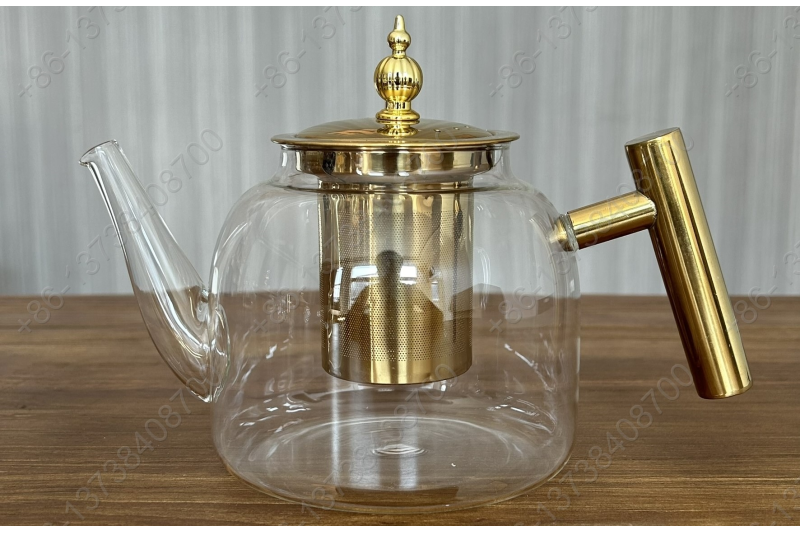 0.8L/1.0L Luxury High Quality Pyrex Tea Pot Gold Stainless Steel Handle Heat Resistant Pyrex Glass Teapot