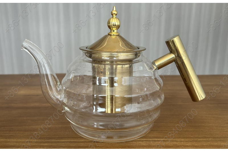 0.8L/1.0L Luxury High Quality Pyrex Tea Pot Gold Stainless Steel Handle Heat Resistant Pyrex Glass Teapot