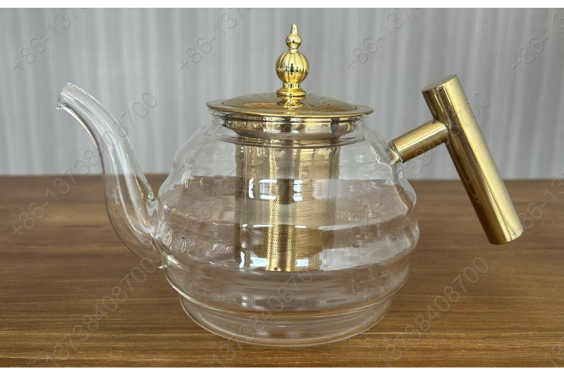 0.8L/1.0L Luxury High Quality Pyrex Tea Pot Gold Stainless Steel Handle Heat Resistant Pyrex Glass Teapot