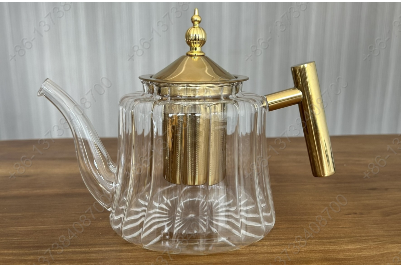 0.8L/1.1L Luxury High Quality Pyrex Tea Pot Gold Stainless Steel Handle Heat Resistant Pyrex Glass Teapot