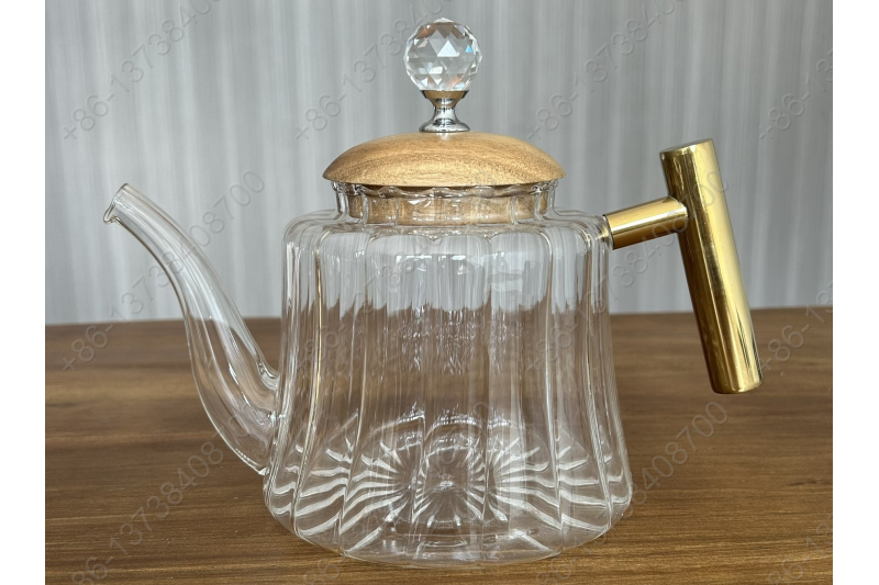 0.8L/1.1L Luxury High Quality Pyrex Tea Pot Gold Stainless Steel Handle Heat Resistant Pyrex Glass Teapot