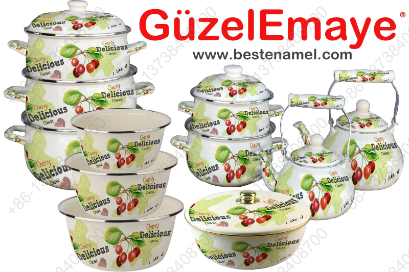 10 pcs Belly Shape Enamel Casserole Pot + 2pcs Enamel Kettle +3 pcs Enamel Basin + 1 pcs Enamel Bowl