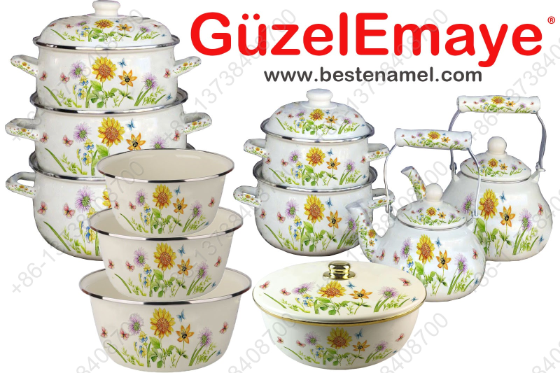 10 pcs Belly Shape Enamel Casserole Pot + 2pcs Enamel Kettle +3 pcs Enamel Basin + 1 pcs Enamel Bowl