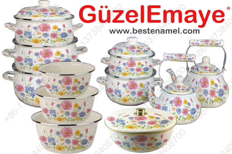 10 pcs Belly Shape Enamel Casserole Pot + 2pcs Enamel Kettle +3 pcs Enamel Basin + 1 pcs Enamel Bowl