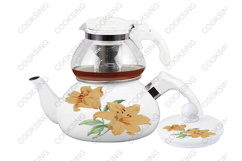 BK-507WGD 0.75L Glass Teapot+2.3L Enamel Kettle With Bakelite Handle And Decals Flower