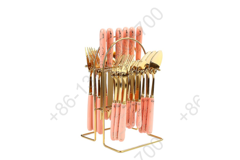 25 Pcs Gold Plated Hang Flatware Set Stainless Steel Knife Fork Spoon Cutlery Set With Color Ceramic Handle