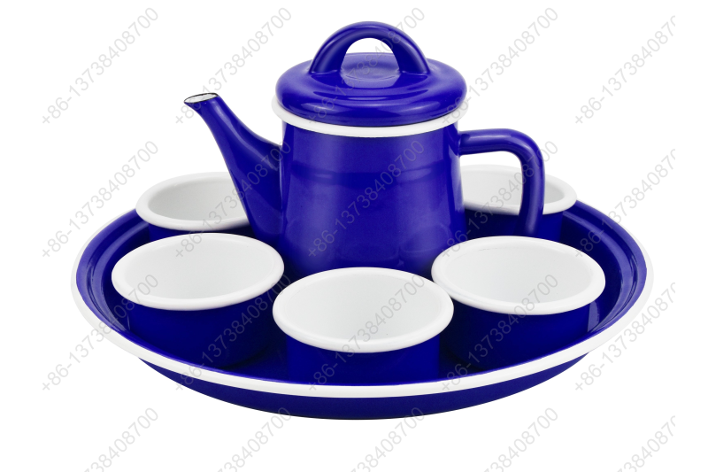 28.5cm Deep Enamel Round Tray Plate+0.6L Enamel Teapot+6pcs Enamel Bowl