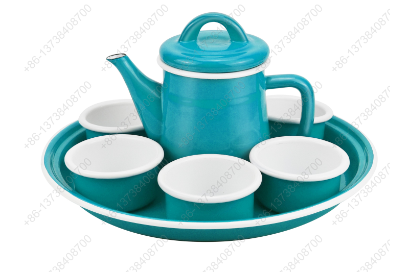 28.5cm Deep Enamel Round Tray Plate+0.6L Enamel Teapot+6pcs Enamel Bowl