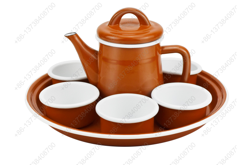 28.5cm Deep Enamel Round Tray Plate+0.6L Enamel Teapot+6pcs Enamel Bowl