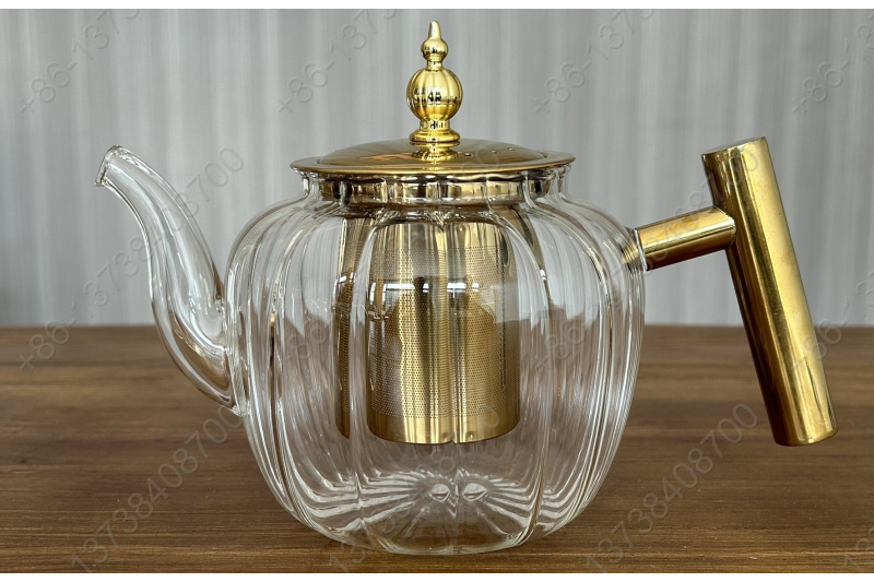 0.8L/1.0L/1.2L Luxury High Quality Tea Pot Gold Stainless Steel Handle Heat Resistant Pyrex Glass Teapot